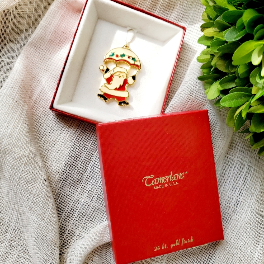 Vintage Camerlane Parachuting Santa Ornament 24 Kt. Gold Plated